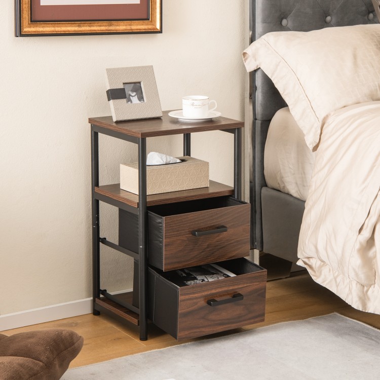 Walnut bedside table with removable fabric drawers and metal frame, featuring open shelves for easy access in a bedroom.