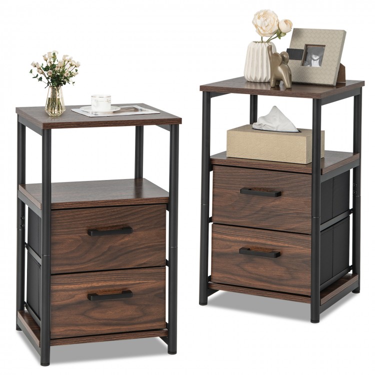Bedside table set of 2 with walnut finish, featuring removable fabric drawers and sturdy metal frame for versatile.
