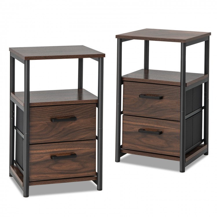 Set of 2 walnut bedside tables with removable fabric drawers and sturdy metal frame, ideal for bedroom or living room.