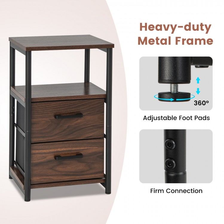 Bedside table set of 2 featuring a walnut finish, removable fabric drawers, and a sturdy metal frame for versatile.
