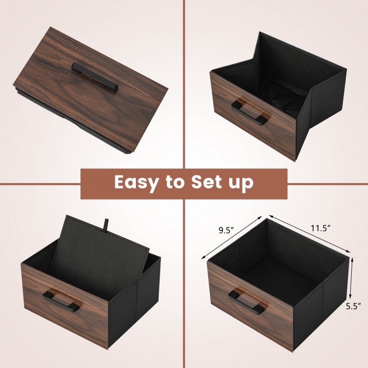 Folding fabric drawer from bedside table set, featuring a walnut finish and sturdy metal frame for versatile storage.