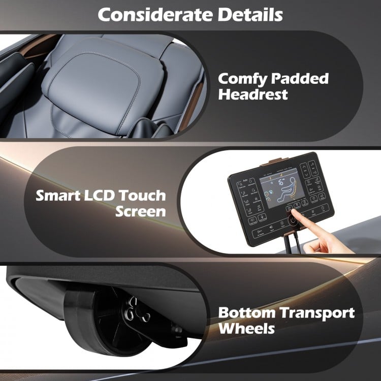 Close-up of the Soothe 48 massage chair's smart LCD touch screen and padded headrest for enhanced relaxation.
