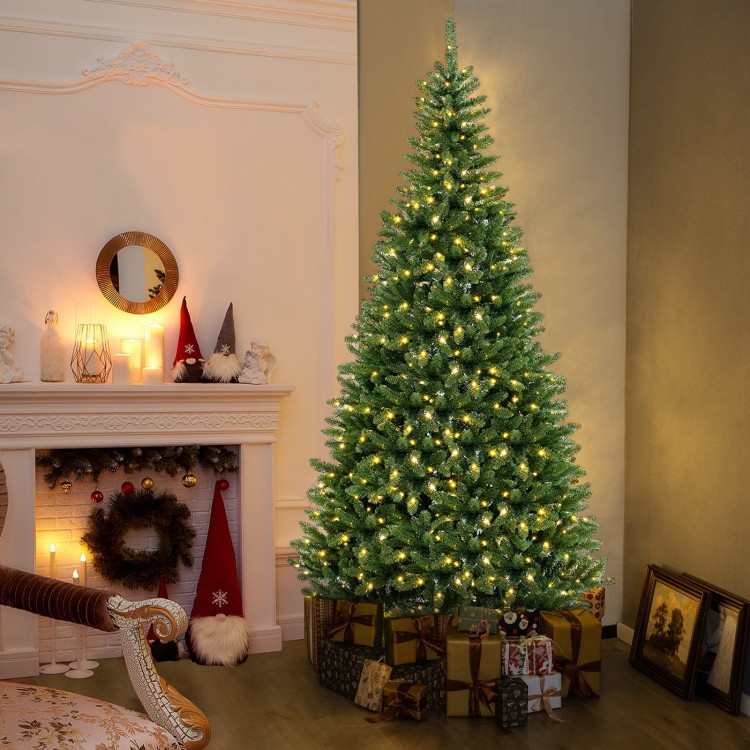 8 FT corner artificial Christmas tree with 1137 branch tips and 360 warm white LED lights, perfect for small spaces.