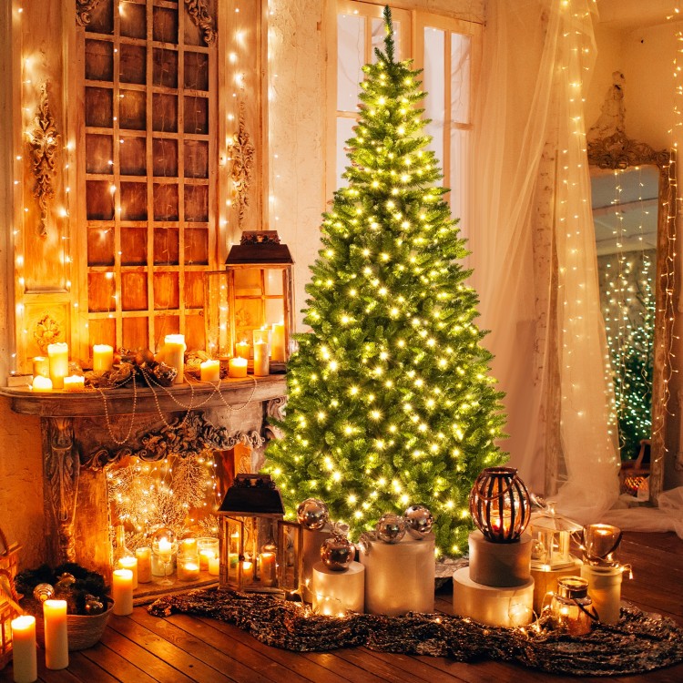 8 FT corner artificial Christmas tree with warm white LED lights and lush branch tips, enhancing holiday ambiance in.