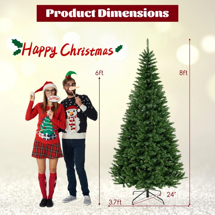 8 FT corner artificial Christmas tree with product dimensions displayed, ideal for festive setups in small spaces.