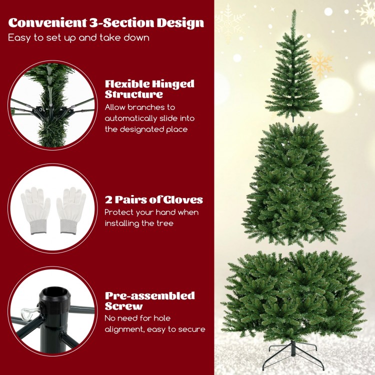 Close-up of the 8 FT corner artificial Christmas tree's lush branch tips made of flame-retardant PVC, ideal for festive.