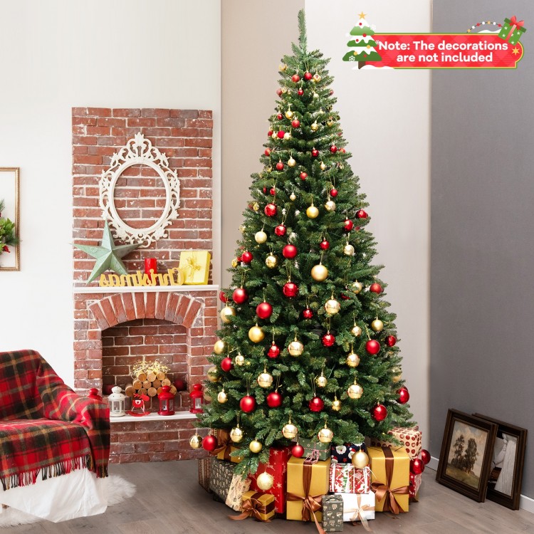 8 FT corner artificial Christmas tree featuring a space-saving design and 360 warm white LED lights, perfect for.