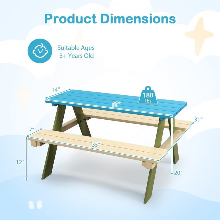 Kids wooden picnic table set with built-in benches, made of durable acacia wood, ideal for outdoor play and dining.