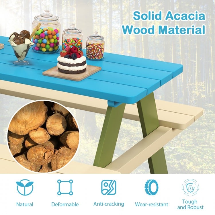 Kids wooden picnic table set made of solid acacia wood, featuring a blue top and built-in benches for outdoor.