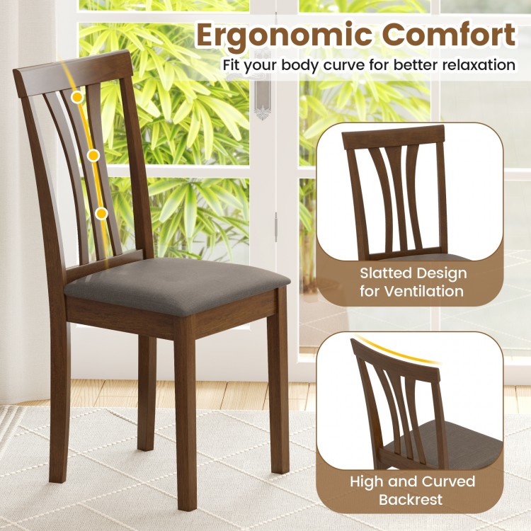 Wooden dining chair with ergonomic curved backrest and slatted design, upholstered in breathable linen fabric for.