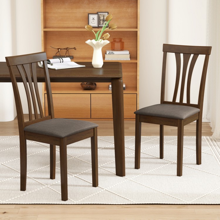 Set of 2 brown wooden dining chairs with linen fabric upholstery and slatted backrests, perfect for home or cafe.