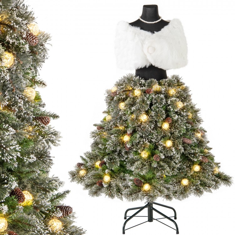 5 FT pre-lit mannequin Christmas tree with silver-tipped branches, pine cones, and warm white lights for festive decor.