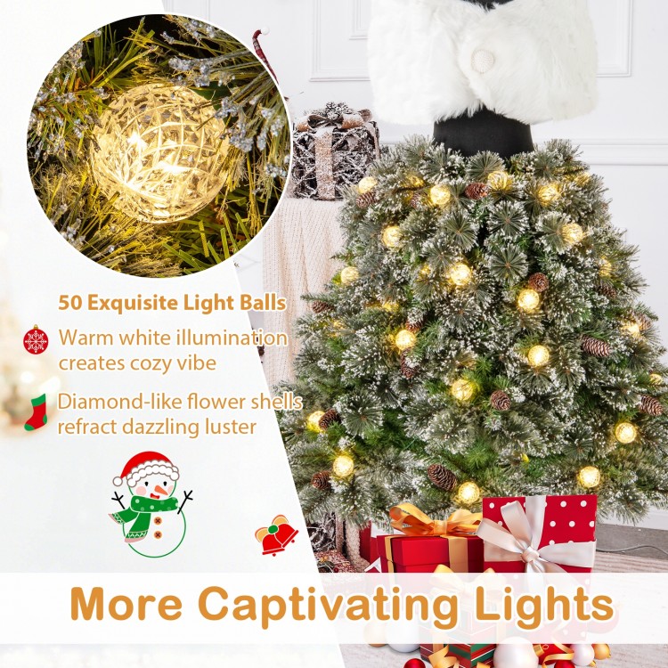 5 FT pre-lit mannequin Christmas tree with 50 warm white light balls and snowy pine cones, perfect for festive decor.