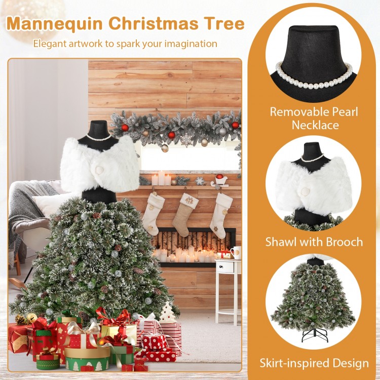 5 FT pre-lit mannequin Christmas tree with removable pearl necklace, snowy pine cones, and warm white lights for.