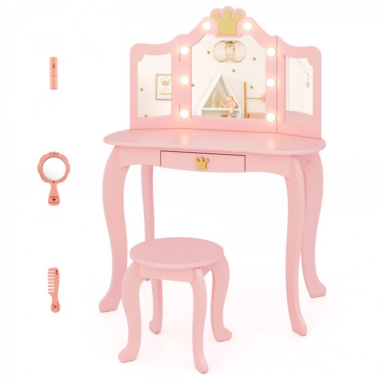 Kids vanity set in pink with tri-fold lighted mirror, detachable top, and stool, perfect for dressing and play.