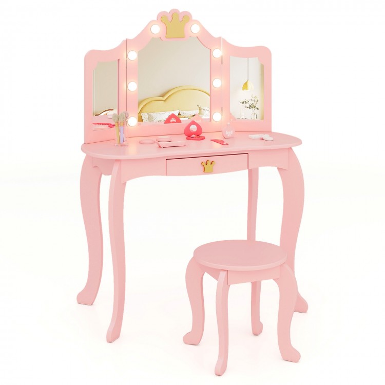 Close-up of the tri-fold lighted mirror on the pink kids vanity set, featuring adjustable brightness for makeup.