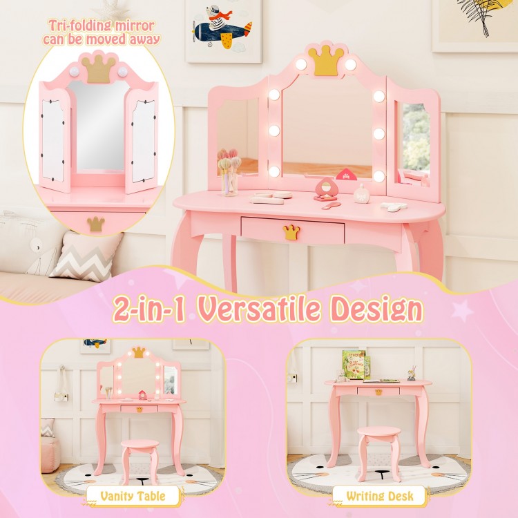 Kids vanity set in pink with tri-fold lighted mirror, detachable top, and spacious drawer for versatile use.