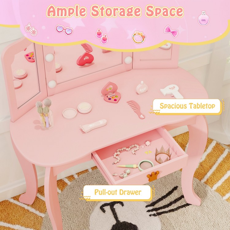 Kids vanity set in pink featuring a tri-fold lighted mirror, spacious tabletop, and pull-out drawer for organization.