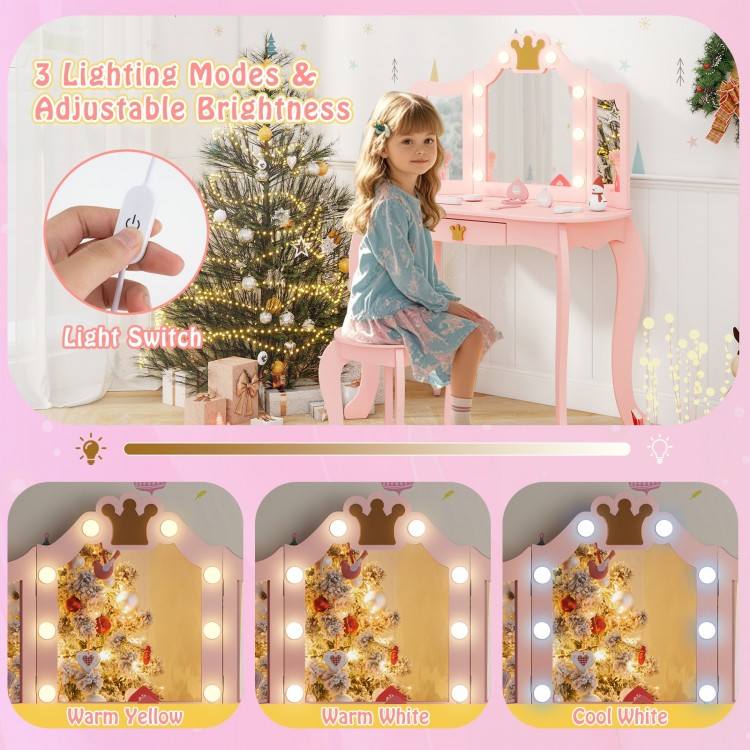 Kids vanity set in pink with tri-fold lighted mirror, featuring adjustable brightness and crown-shaped drawer handle.