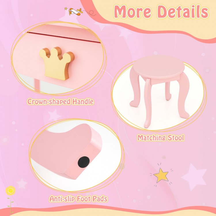 Crown-shaped handle and matching stool detail of the pink kids vanity set with tri-fold lighted mirror.