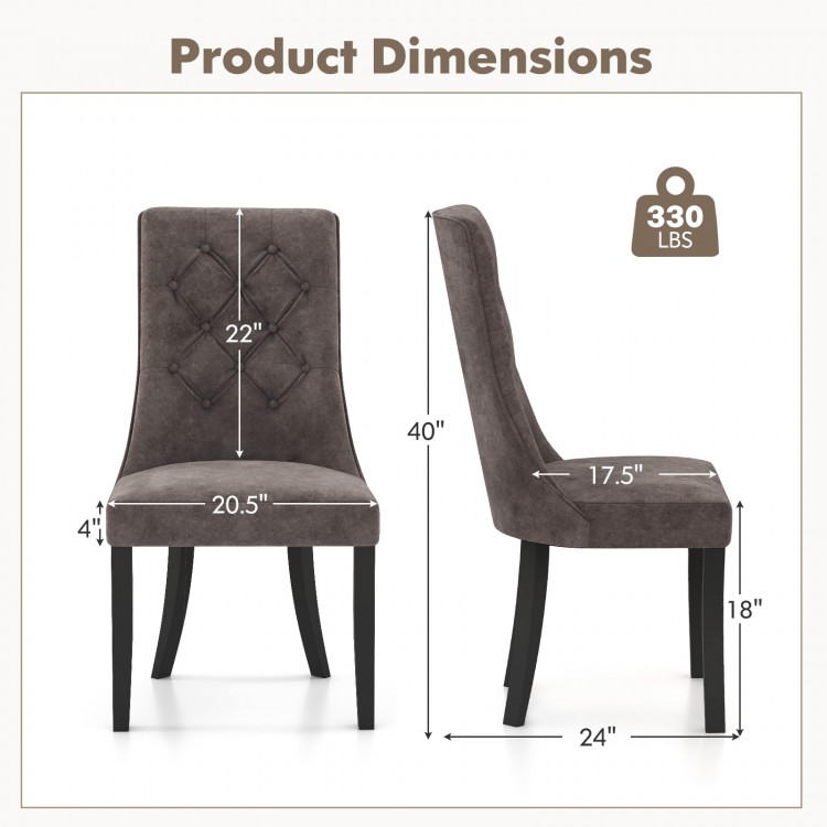 Tufted dining chair dimensions with high backrest, gray velvet upholstery, and rubber wood legs for elegant support.