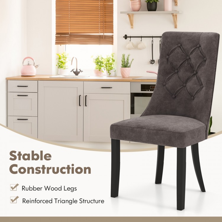 Tufted dining chair with high backrest in gray, featuring rubber wood legs and reinforced triangle structure for.