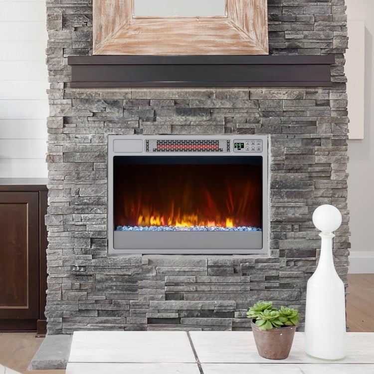 Recessed 23-inch electric fireplace insert with remote control, featuring adjustable flame settings and 1500W heating.
