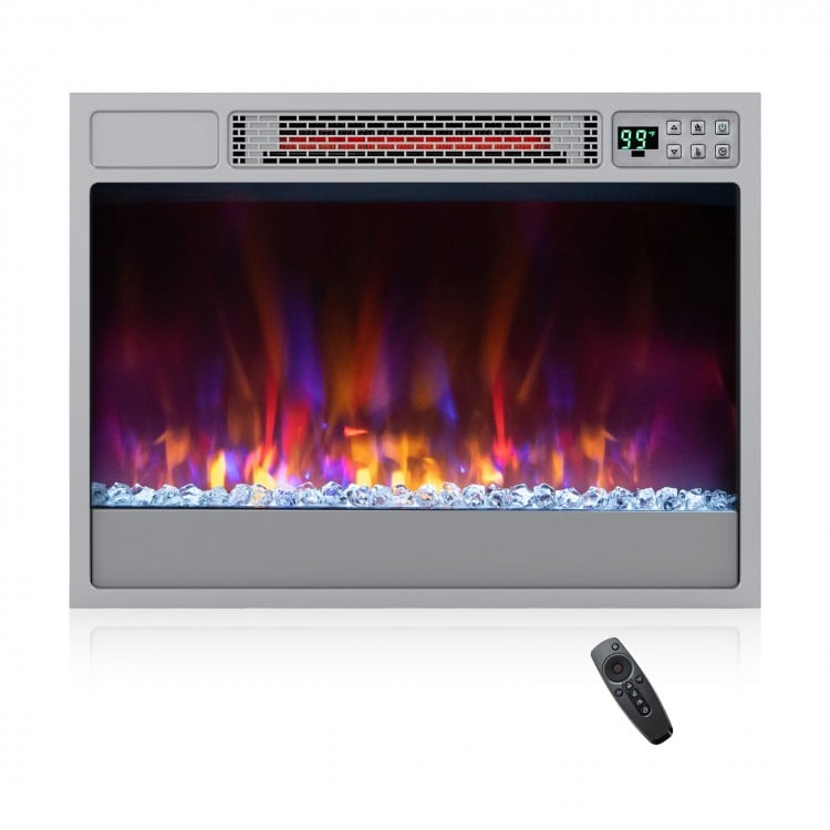 23-inch recessed electric fireplace insert in silver with remote control, featuring adjustable flame settings and.