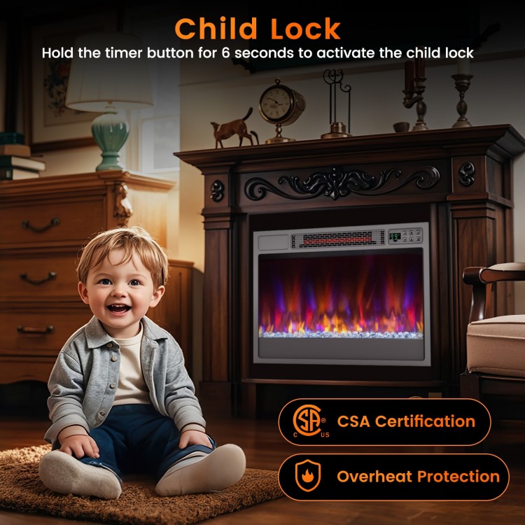 23-inch recessed electric fireplace insert with remote control, featuring child lock, CSA certification, and 1500W.