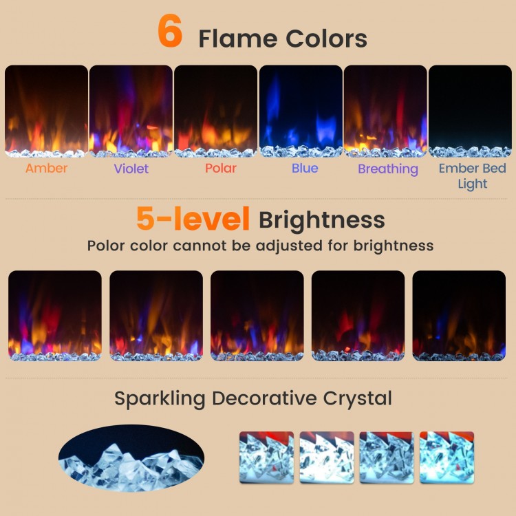 Flame color options including amber, violet, and blue with 5-level brightness for the 23-inch electric fireplace insert.