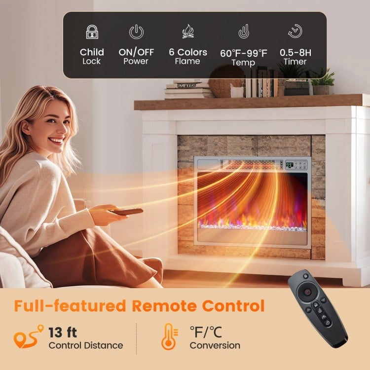 23-inch recessed electric fireplace insert with remote control, featuring 6 flame colors and 1500W heating for cozy.