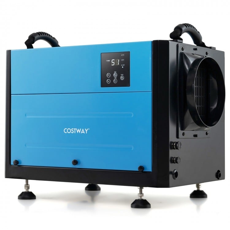 124 pint crawl space dehumidifier in blue with control panel, ideal for basements and garages, featuring adjustable.