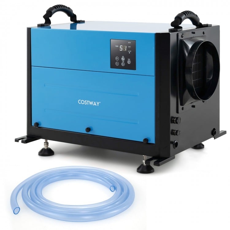 124 Pint Crawl Space Dehumidifier in blue with control panel, ideal for basements and garages, featuring 3 modes and a.