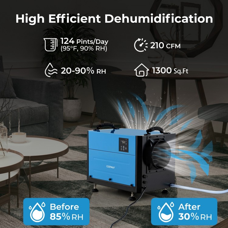 124 Pint Crawl Space Dehumidifier in blue, showcasing control panel and drainage options, ideal for basements and.