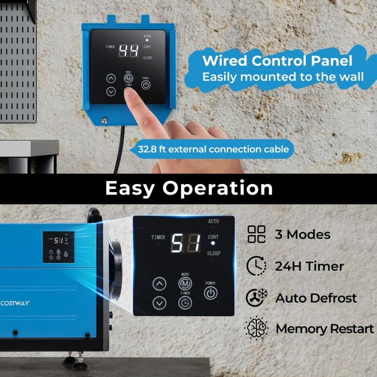 Wired control panel for the 124 Pint Crawl Space Dehumidifier, featuring a 24H timer and easy wall mounting.