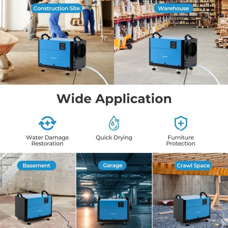 Crawl space dehumidifier in blue with 124 pints/day capacity, adjustable humidity control, ideal for basements and.