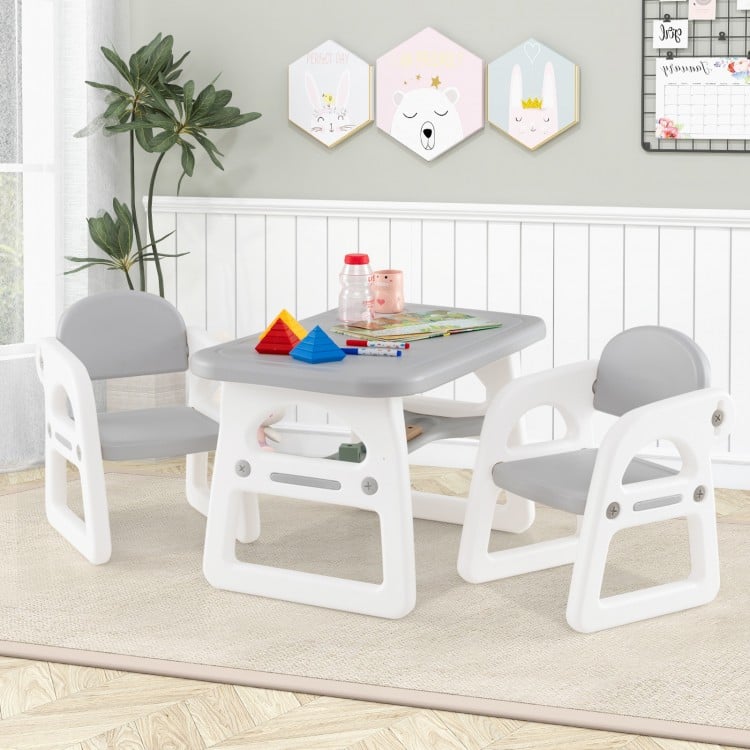 Kids table and chair set in gray with building blocks, featuring a spacious desktop and ergonomic design for ages 1-5.