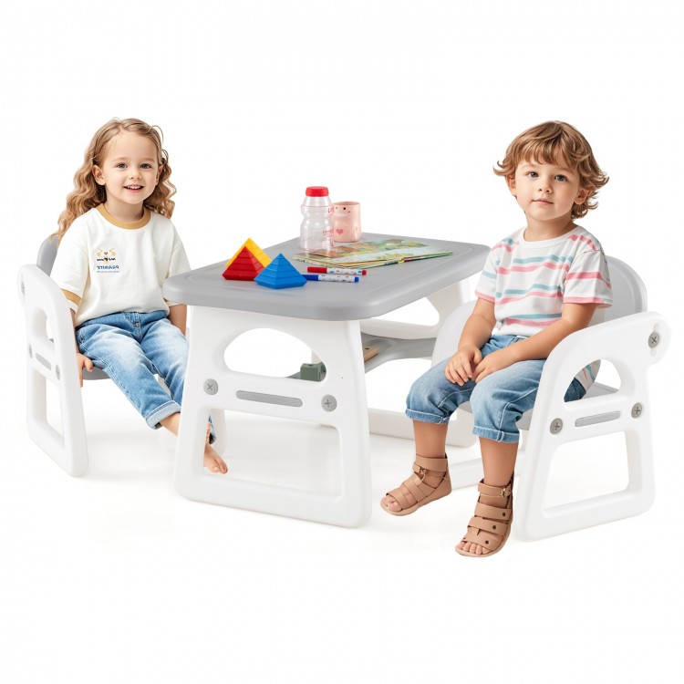 Gray kids table and chair set with building blocks, featuring two recesses for cups and a smooth, waterproof surface.