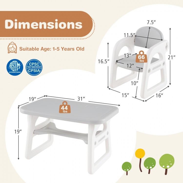 Gray kids chair from the table and chair set, featuring a comfortable design, suitable for children aged 1-5 years.