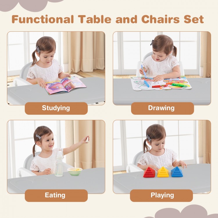 Kids table and chair set in gray, featuring building blocks, ideal for studying, drawing, and playing activities.