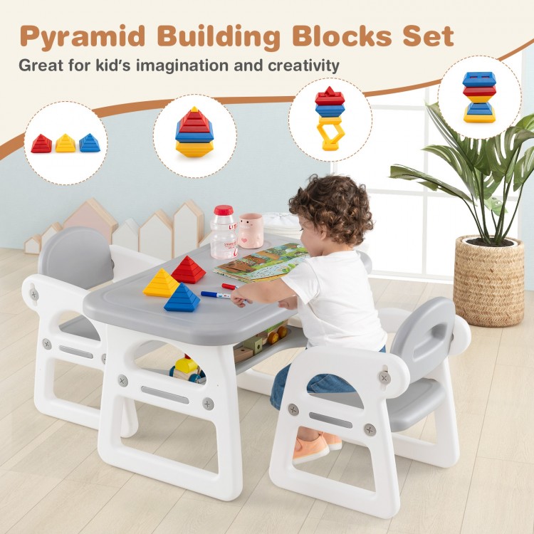 Colorful building blocks arranged on a gray kids table, encouraging creativity and play for children aged 1-5 years.