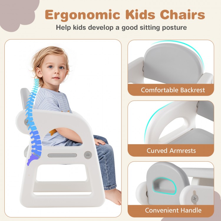 Ergonomic kids chair in gray with comfortable backrest and curved armrests, ideal for promoting good sitting posture.