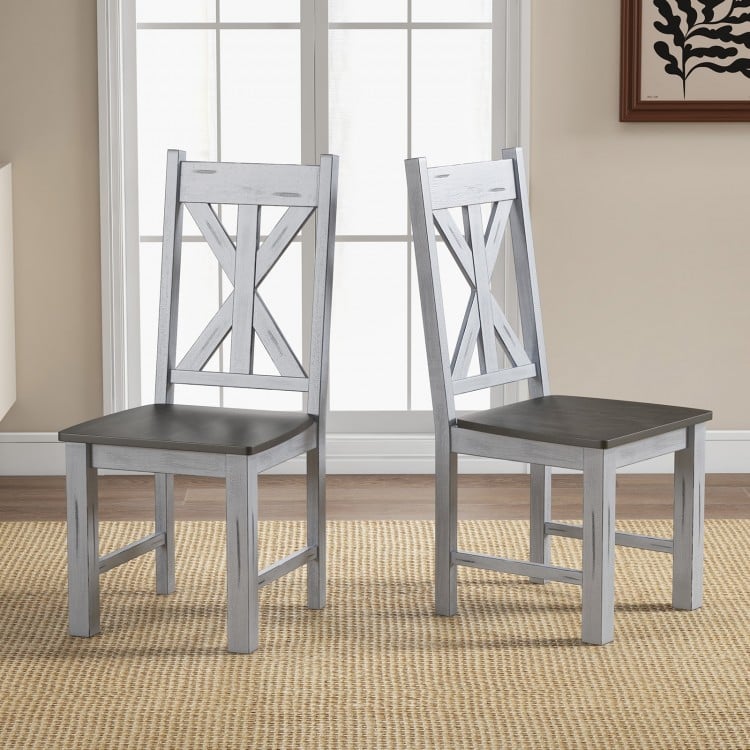 Farmhouse chair set of 2 in gray with rubber wood frame and elegant hollowed backrest for stylish dining.
