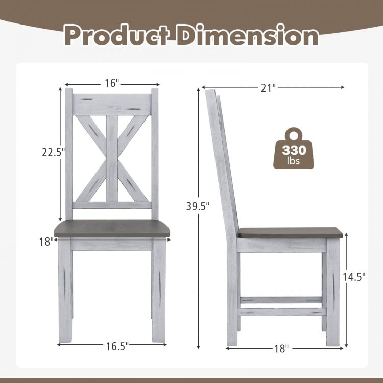 Farmhouse chair dimensions showcasing a gray rubber wood frame with a hollowed backrest and sturdy support, 330 lbs.