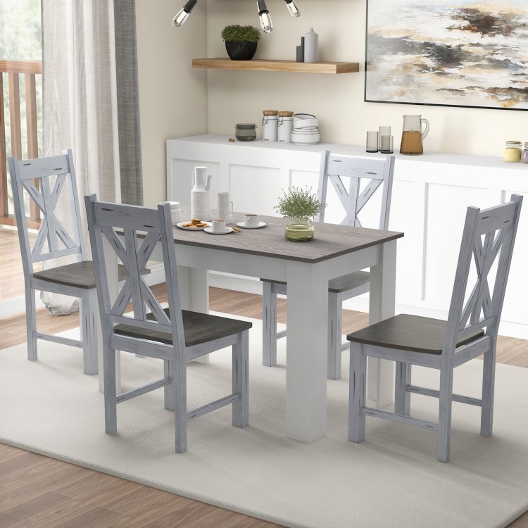 Farmhouse chair set of 2 in gray with rubber wood frame and hollowed backrest, perfect for stylish dining spaces.