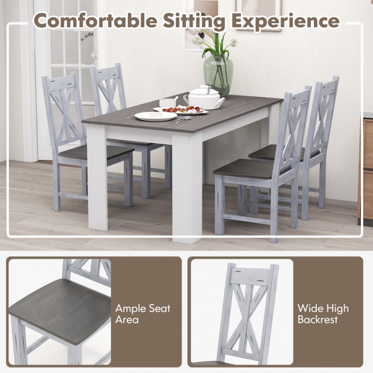 Gray farmhouse chair set of 2 with rubber wood frame and elegant hollowed backrest for stylish dining comfort.