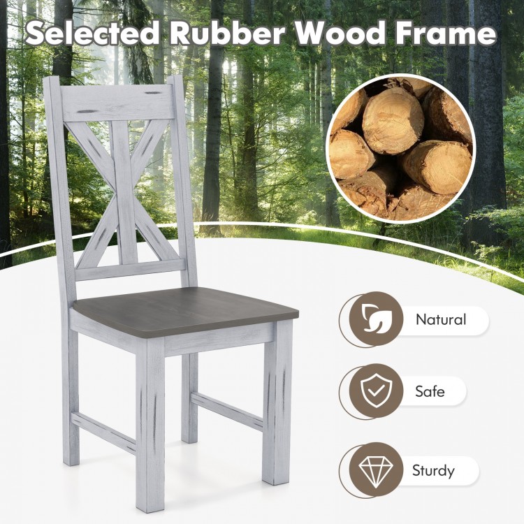 Gray farmhouse chair with rubber wood frame and hollowed backrest, designed for durability and stylish integration.