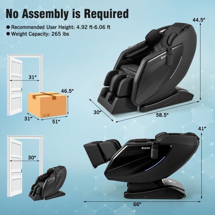 4D Full Body Zero Gravity Massage Recliner in black, featuring air pressure and foot rollers, designed for comfort and.