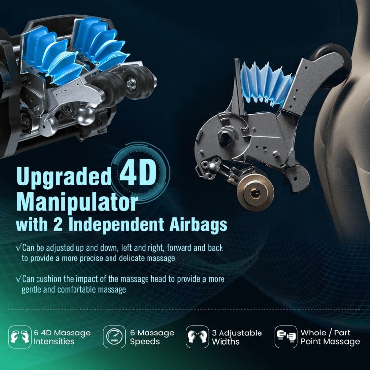 Close-up of the upgraded 4D manipulator with two independent airbags for precise and gentle massage in the black.
