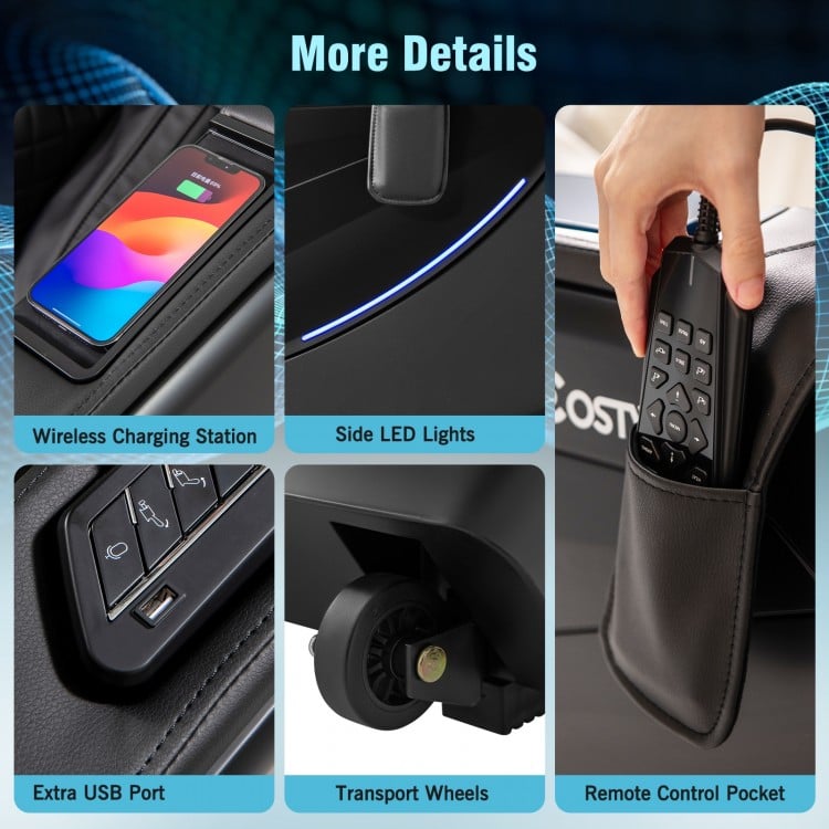 Close-up of the Enjoyment 37-2025 massage recliner's remote control pocket, USB port, and side LED lights for.
